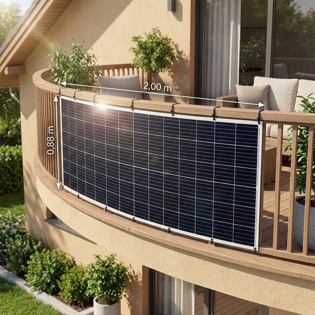 Ein Balkon mit einer Solarpanel-Barriere, die entlang des Geländers installiert ist und eine Länge von 2,00 Metern und eine Höhe von 0,88 Metern misst.