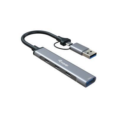 Ein silberner Multi-Port USB-Hub mit vier USB-C-Anschlüssen und einem angeschlossenen USB-A-Stecker, konzipiert zur Erweiterung der Geräteverbindungen.