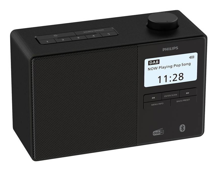 Schwarzes Philips DAB-Radio mit großem Lautsprechergitter, Display zeigt 