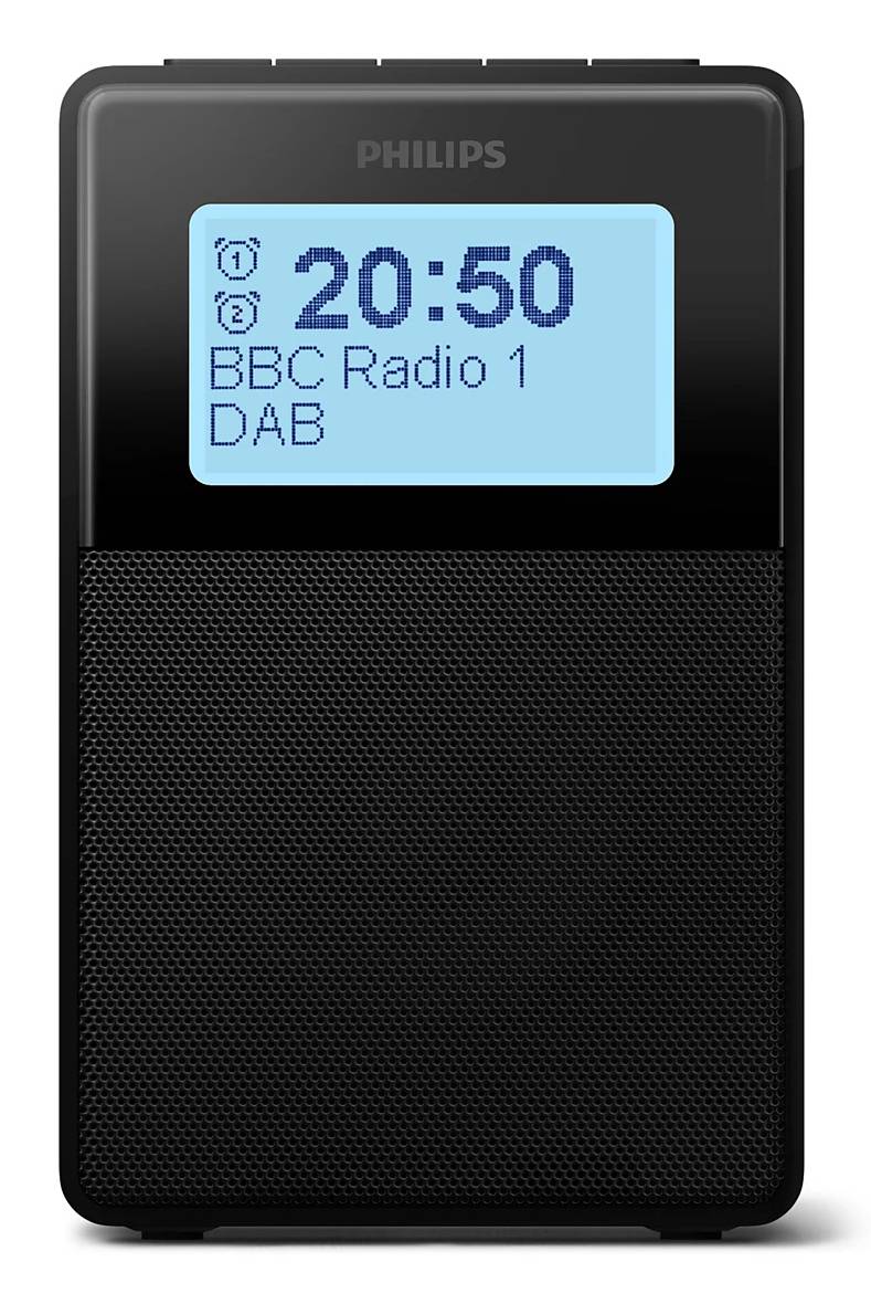 Philips tragbares Radio-Display zeigt die Uhrzeit 20:50, eingestellt auf BBC Radio 1 über DAB.