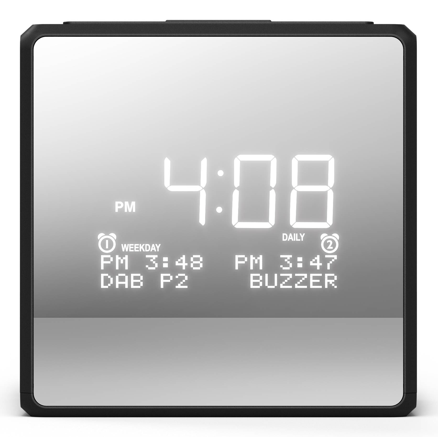 Digitale Weckeruhr zeigt 16:08 Uhr an, mit Wochentagseinstellungen und Tagesalarmeinstellungen, sowie Anzeigen für „DAB P2