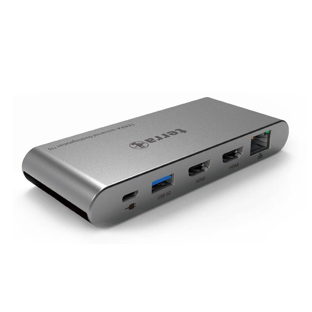 Silberner USB-C-Dockingstation mit USB 3.0, dualem HDMI, Ethernet und Kartensteckplätzen auf weißem Hintergrund.