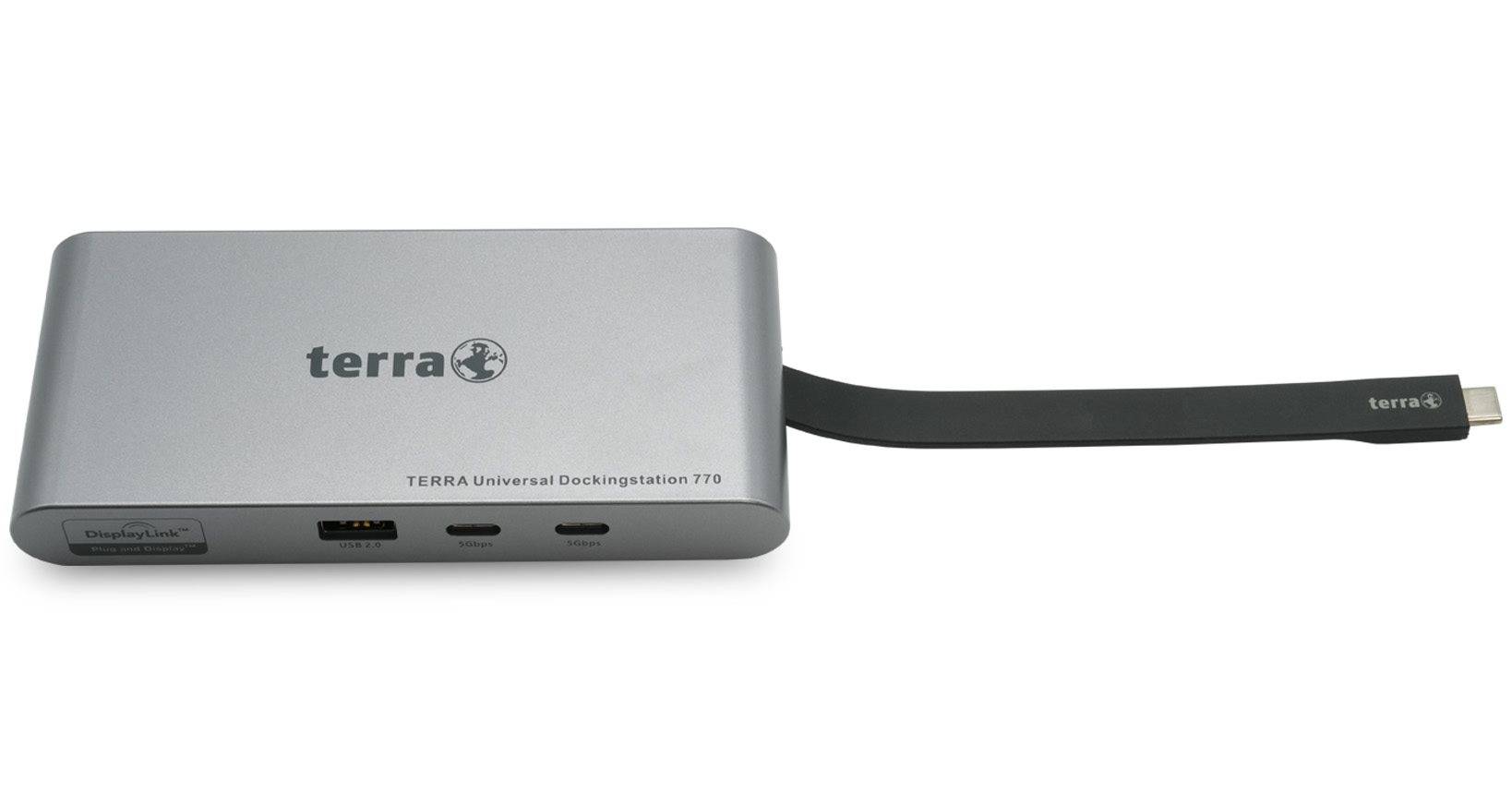 Silberne Terra Universalladestationen mit angeschlossenem schwarzem USB-C-Kabel