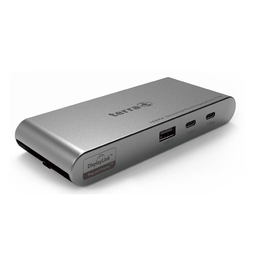 Dockingstation Silver Terra mit DisplayLink-Logo, USB-A und zwei USB-C-Anschlüssen auf der Vorderseite.