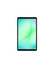 Ein rechteckiges Tablet mit einem schwarzen Rahmen, der einen grünen abstrakten Hintergrund zeigt. Der Bildschirm ist beleuchtet und präsentiert kreisförmige Verlaufsformen.