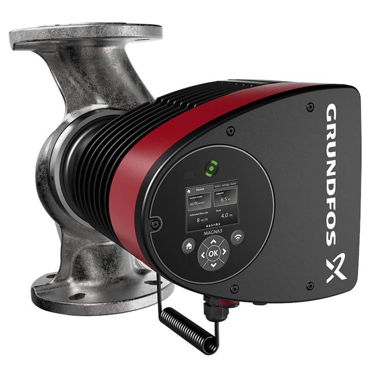 Industriepumpe der Marke 'Grundfos' mit digitaler Anzeige und Bedienungstasten, ausgestattet mit einer Metallflansche sowie rotem und schwarzem Gehäuse.