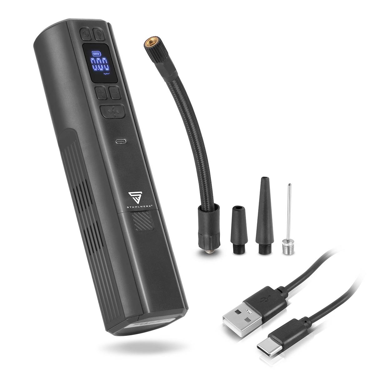 Tragbarer Luftkompressor mit digitaler Anzeige, die 30 PSI zeigt. Inklusive flexiblem Schlauch, drei Düsen und USB-Ladekabeln.