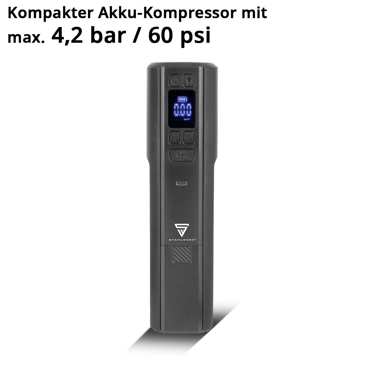 Kompakter Akku-Kompressor mit max. 4,2 bar / 60 psi. Schwarzer tragbarer Luftkompressor mit digitaler Anzeige, mit sichtbaren Bedienungstasten.