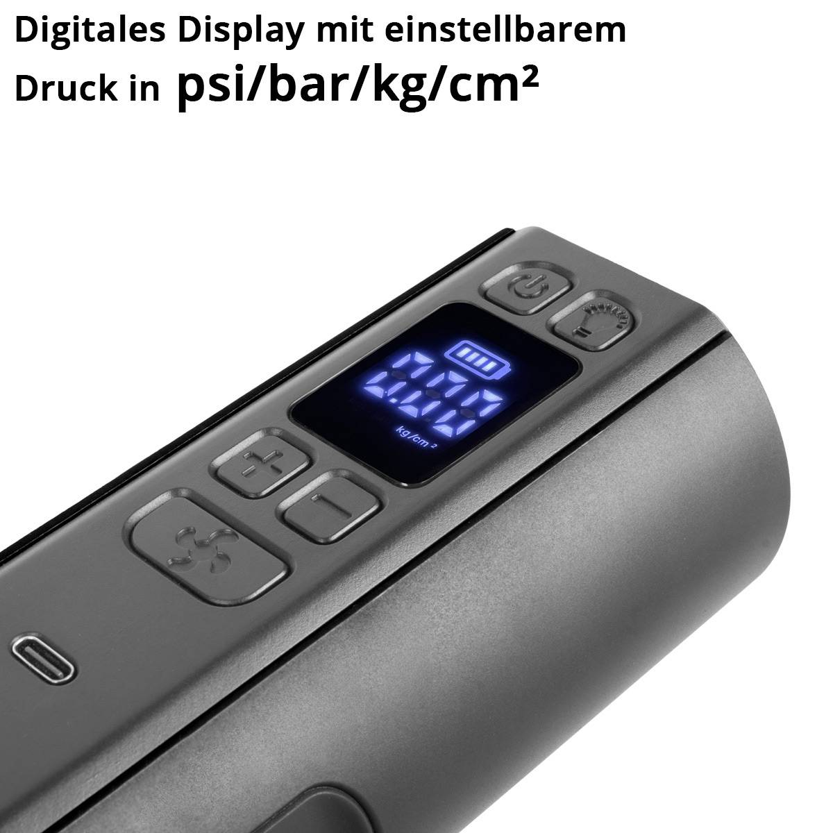 Digitaler Reifenfüller mit blauem LED-Display, zeigt Druckeinstellungen in psi, bar und kg/cm². Text lautet: 'Digitales Display mit einstellbarem Druck in psi/bar/kg/cm²'.