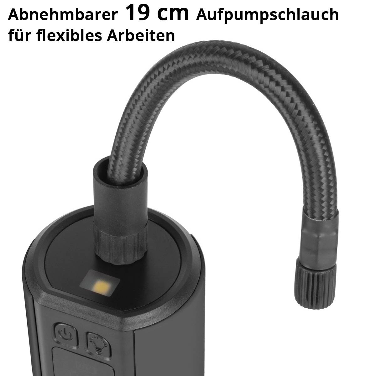 Eine Pumpe mit einem abnehmbaren 19 cm langen Aufblashose, die für flexible Verwendung konzipiert ist.