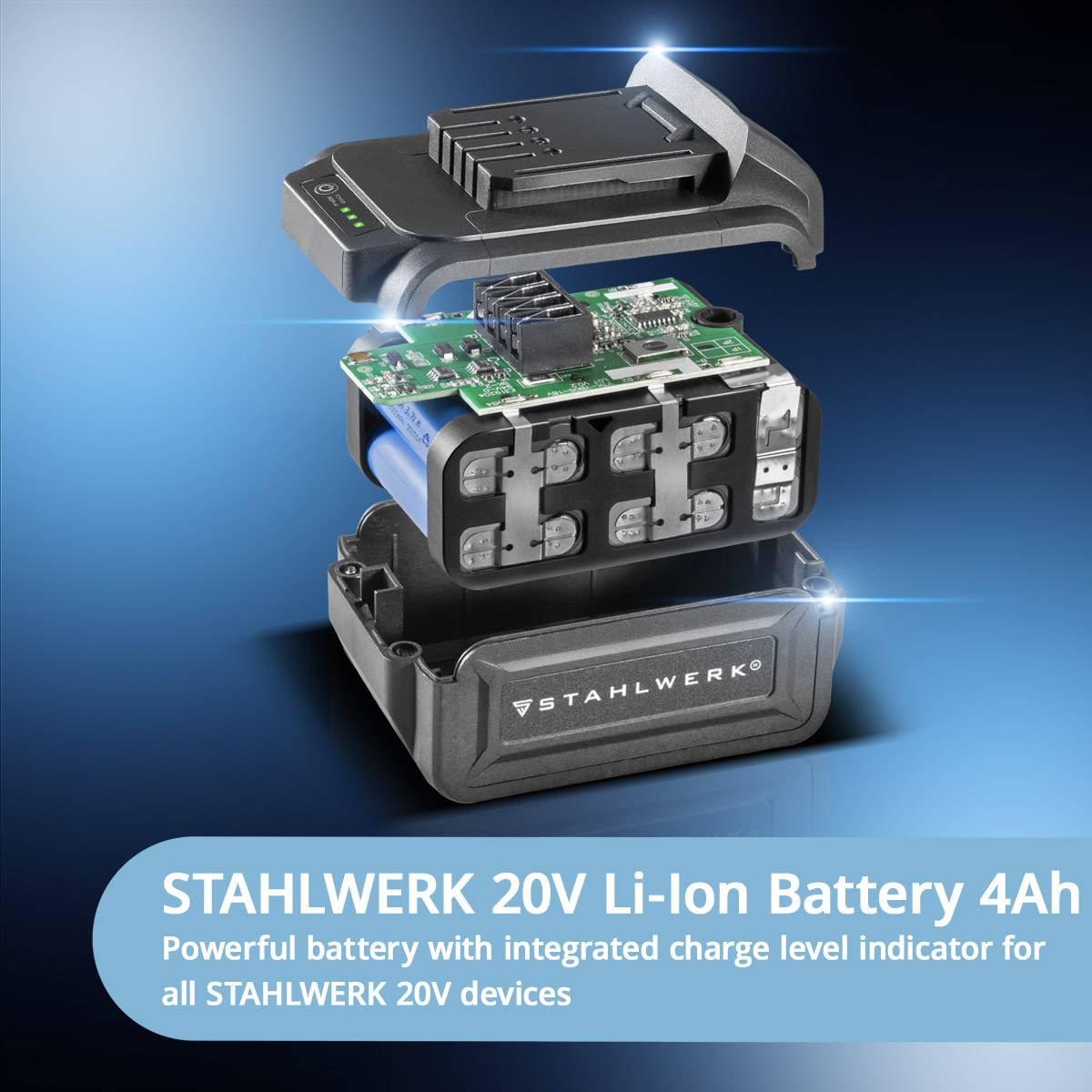 STAHWERK 20V Li-Ion Akku 4Ah' mit integriertem Ladezustandsanzeiger, entwickelt für STAHWERK 20V Geräte. Das Bild zeigt die internen Komponenten des Akkus.