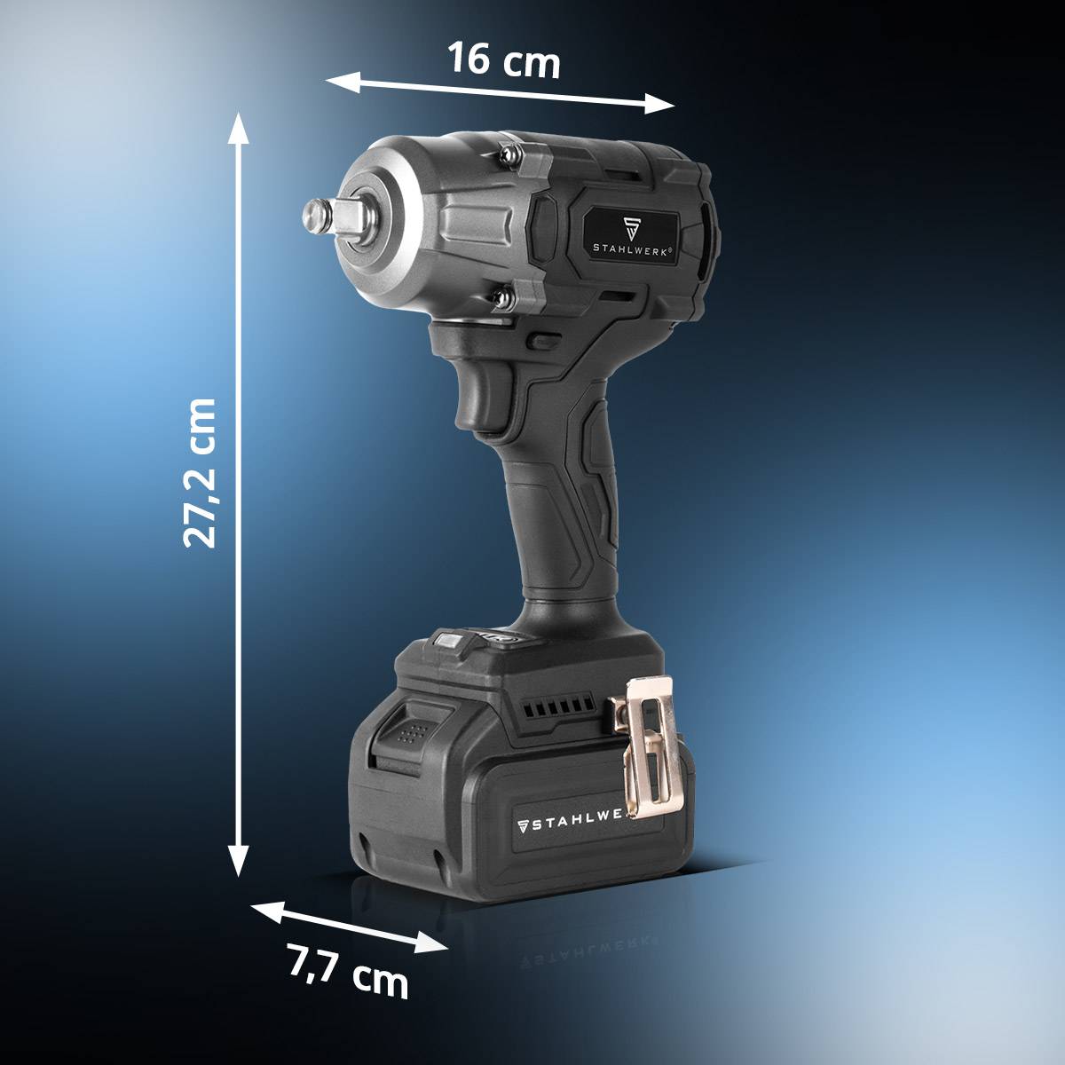 Ein kabelloses Elektrowerkzeug mit Abmessungen: Höhe 27,2 cm, Länge 16 cm und Basisbreite von 7,7 cm, vor einem Verlaufshintergrund.