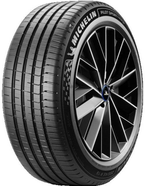 Ein Nahaufnahmebild eines modernen Autoreifens mit elegantem Felgendesign, das das Michelin-Logo auf der Seitenwand zeigt.