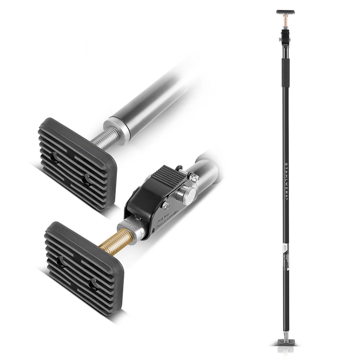 Verstellbare Stützstange in Schwarz und Silber mit gewindeter Endspitze und Gummipads für Stabilität, geeignet für verschiedene Bau- und Heimwerker-Anwendungen.