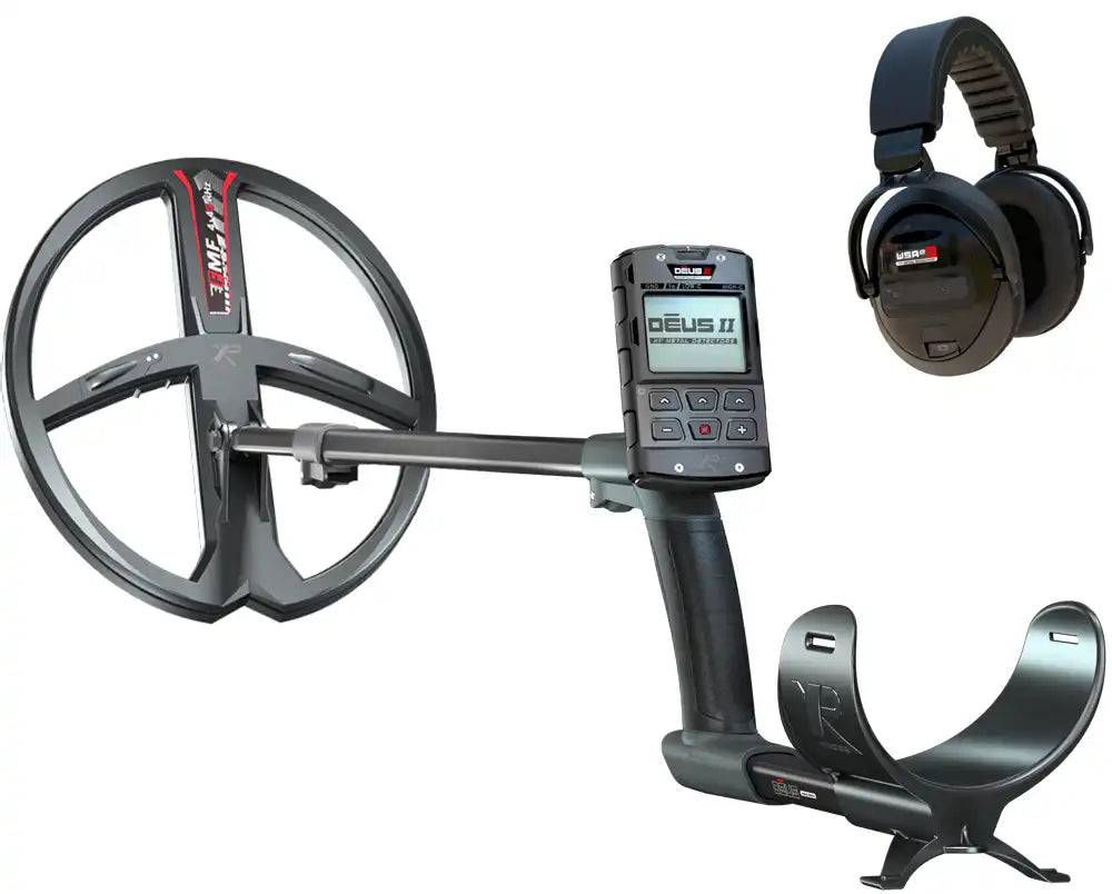 Ein Metalldetektor mit Kopfhörern, ausgestattet mit einer digitalen Steueranzeige mit der Bezeichnung 