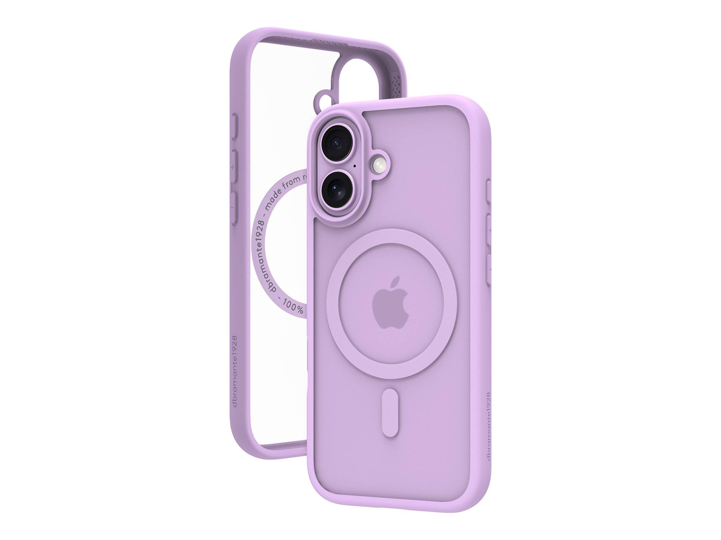 Lila iPhone-Hülle mit MagSafe-Ring und erhöhtem Kameroschutz, von vorne und hinten auf weißem Hintergrund gezeigt.