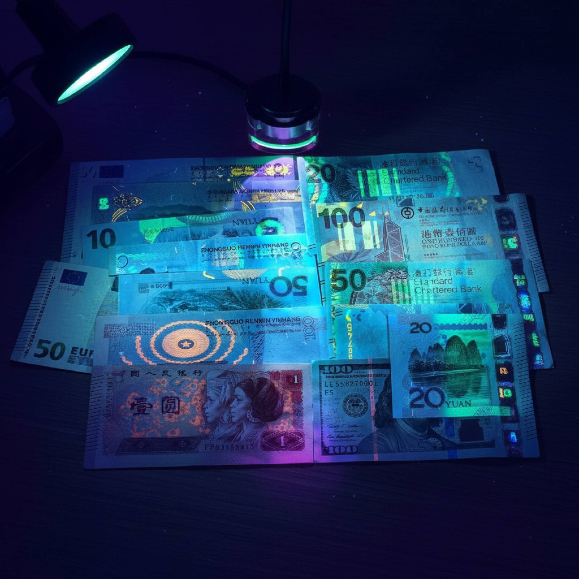 Eine Sammlung verschiedener internationaler Banknoten unter UV-Licht, die Sicherheitsmerkmale und Hologramme hervorhebt.