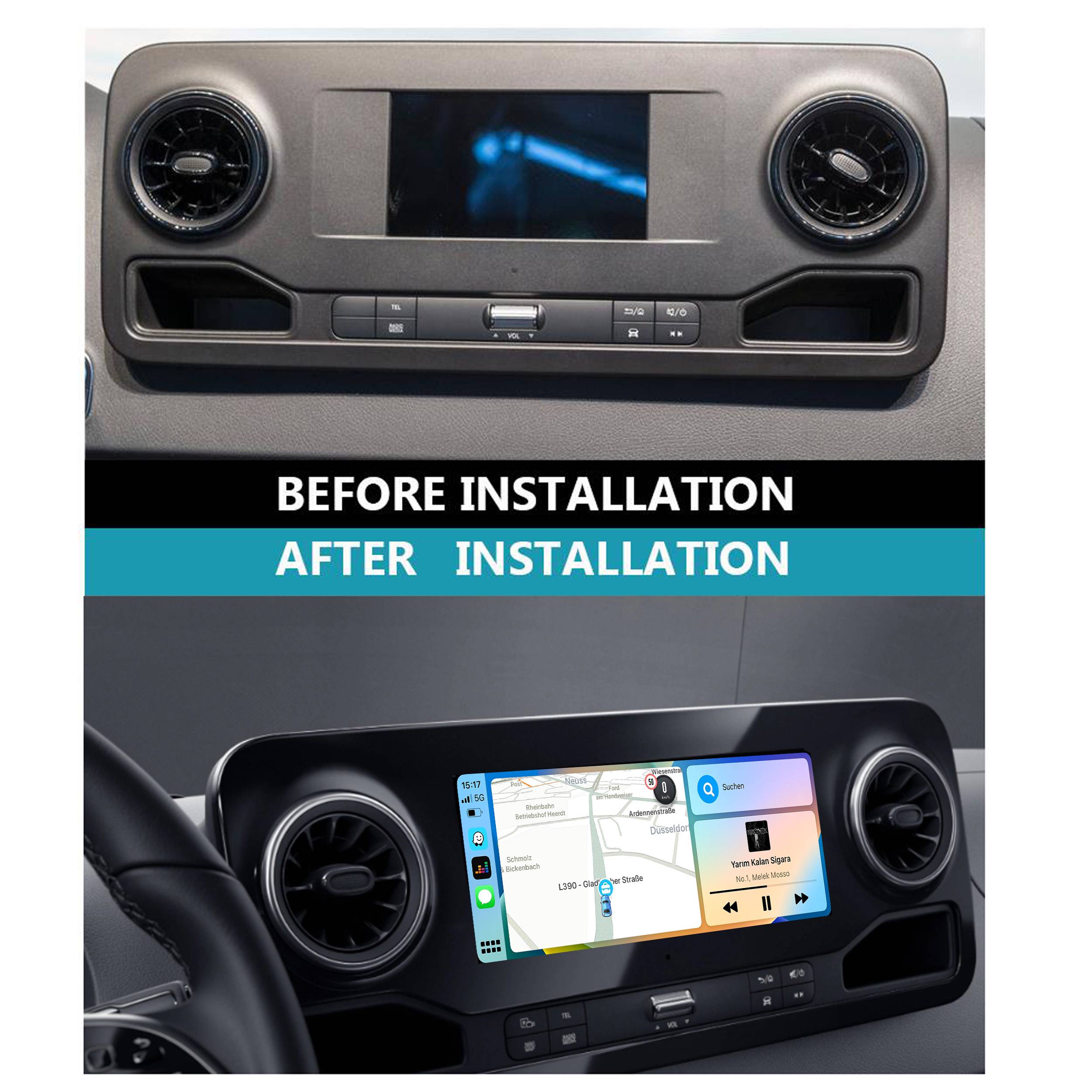 Vor der Installation: Armaturenbrett-Bildschirm ist ausgeschaltet. Nach der Installation: Das Armaturenbrett zeigt eine Navigationskarte und eine Musikplayer-Oberfläche.
