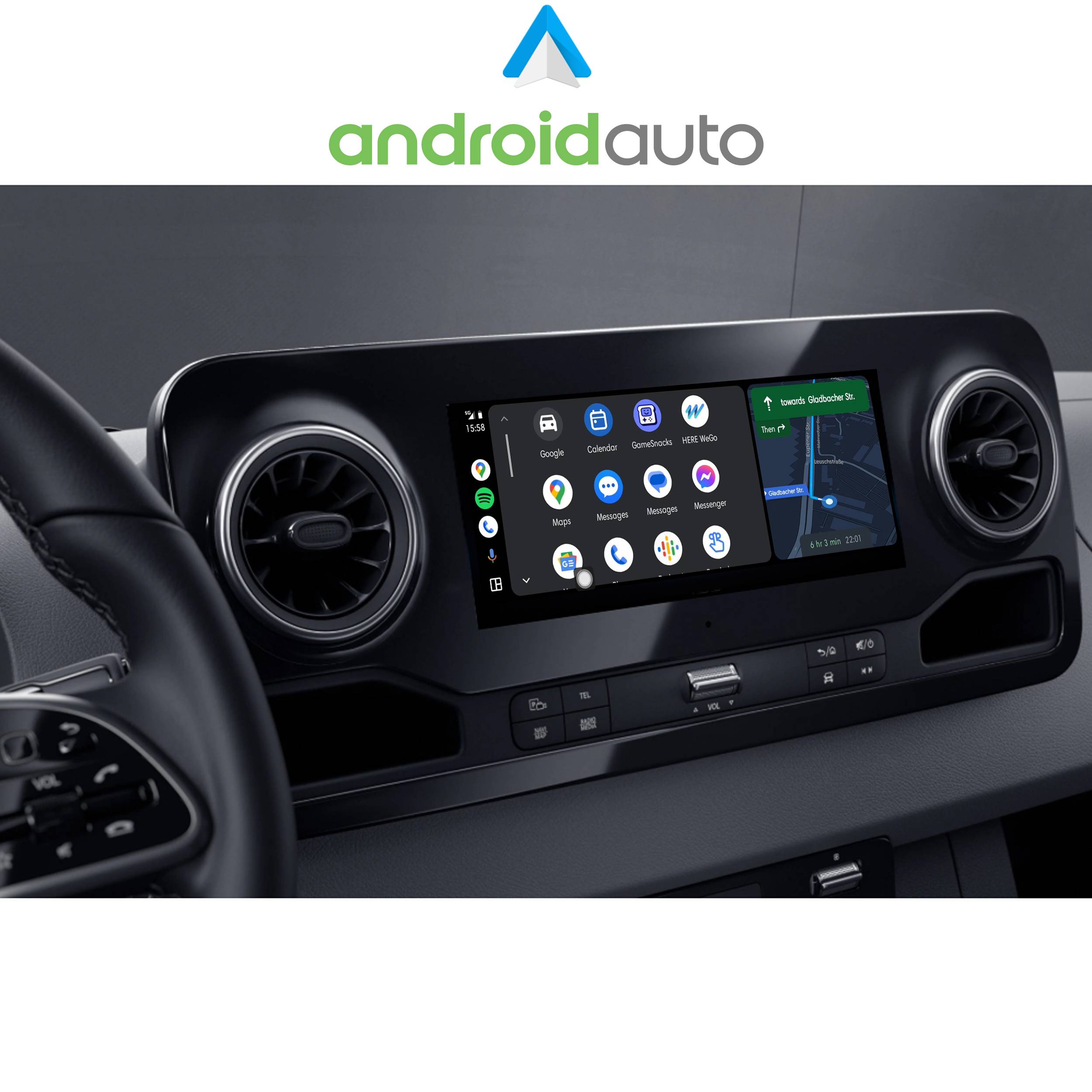 Armaturenbrett eines Autos mit 'Android Auto' Logo und Touchscreen, auf dem Navigation und App-Symbole angezeigt werden. Lüftungsschlitze sind auf beiden Seiten des Bildschirms sichtbar.