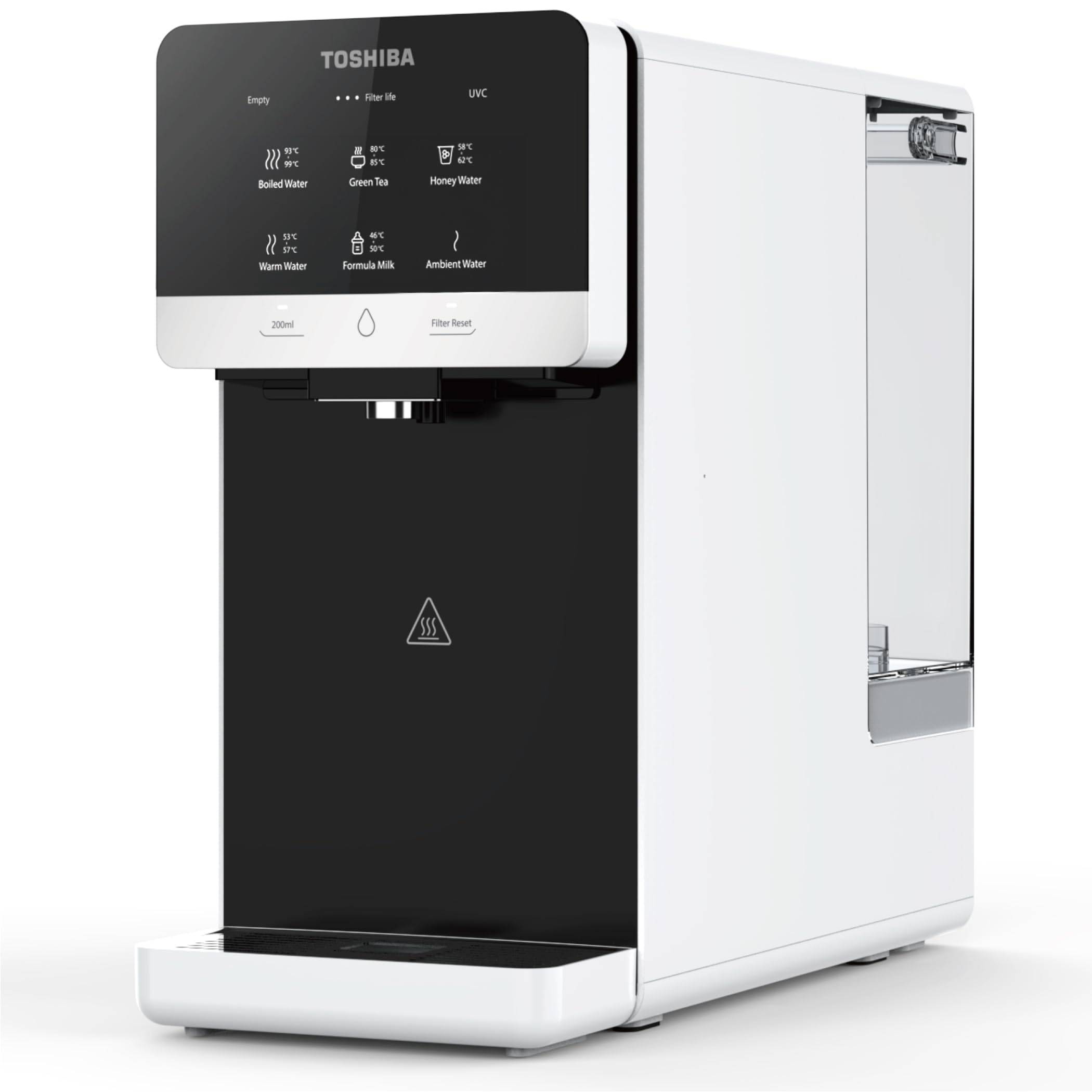 Ein schlanker, moderner Wasserspender mit einem digitalen Bedienfeld, das Optionen für verschiedene Wassertemperaturen und Filterstatus anzeigt.