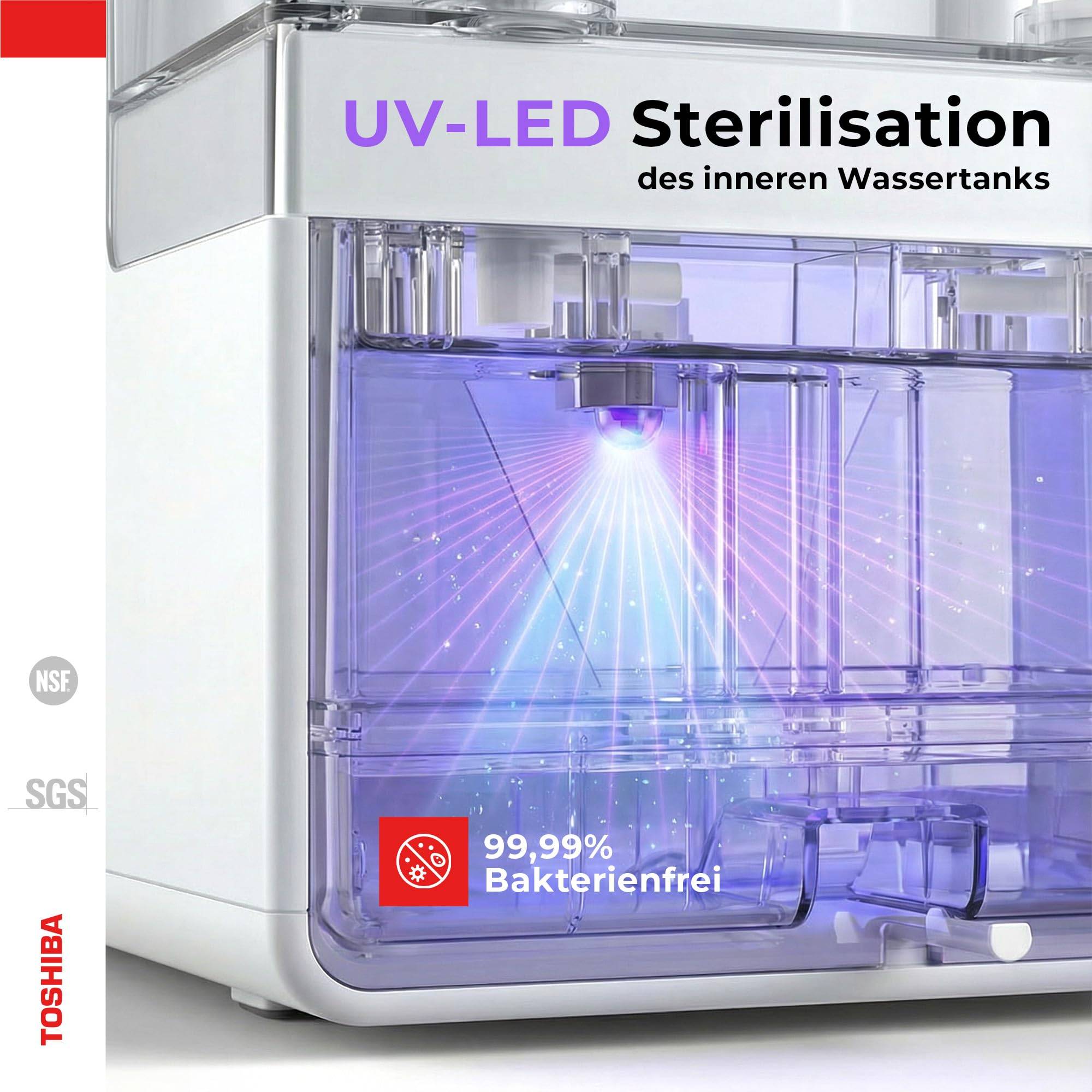 UV-LED-Sterilisation des inneren Wassertanks. 99,99% bakterienfrei