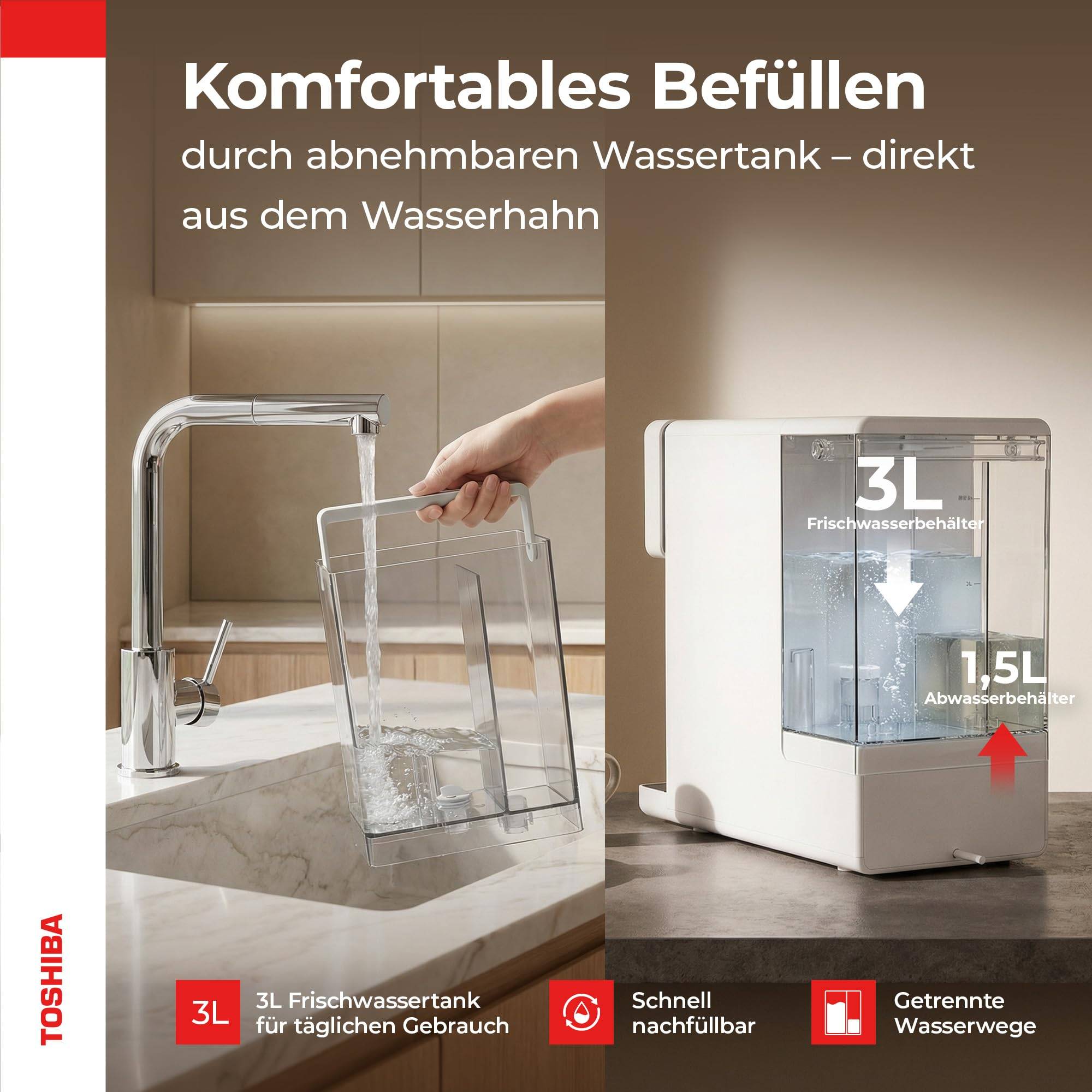 Eine Hand, die einen herausnehmbaren Wassertank an einem Küchenhahn befüllt. Das Bild hebt das Fassungsvermögen des Tanks von 3 Litern für den täglichen Gebrauch hervor und zeigt zusätzlich einen kleineren Abwassertank mit 1,5 Litern.