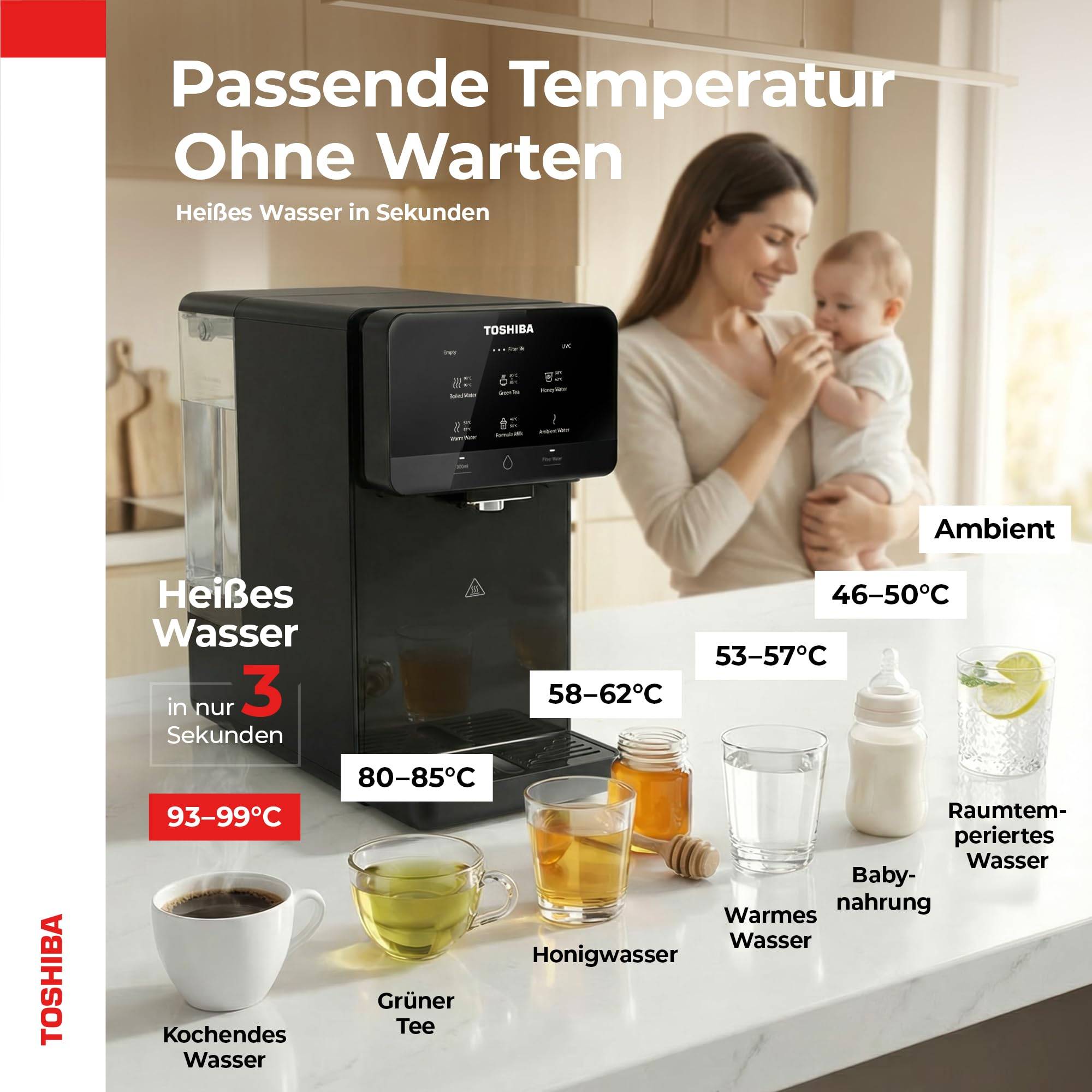 Eine Frau hält ein Baby neben einem Wasserspender mit beschrifteten Temperatureinstellungen für verschiedene Verwendungszwecke, einschließlich 