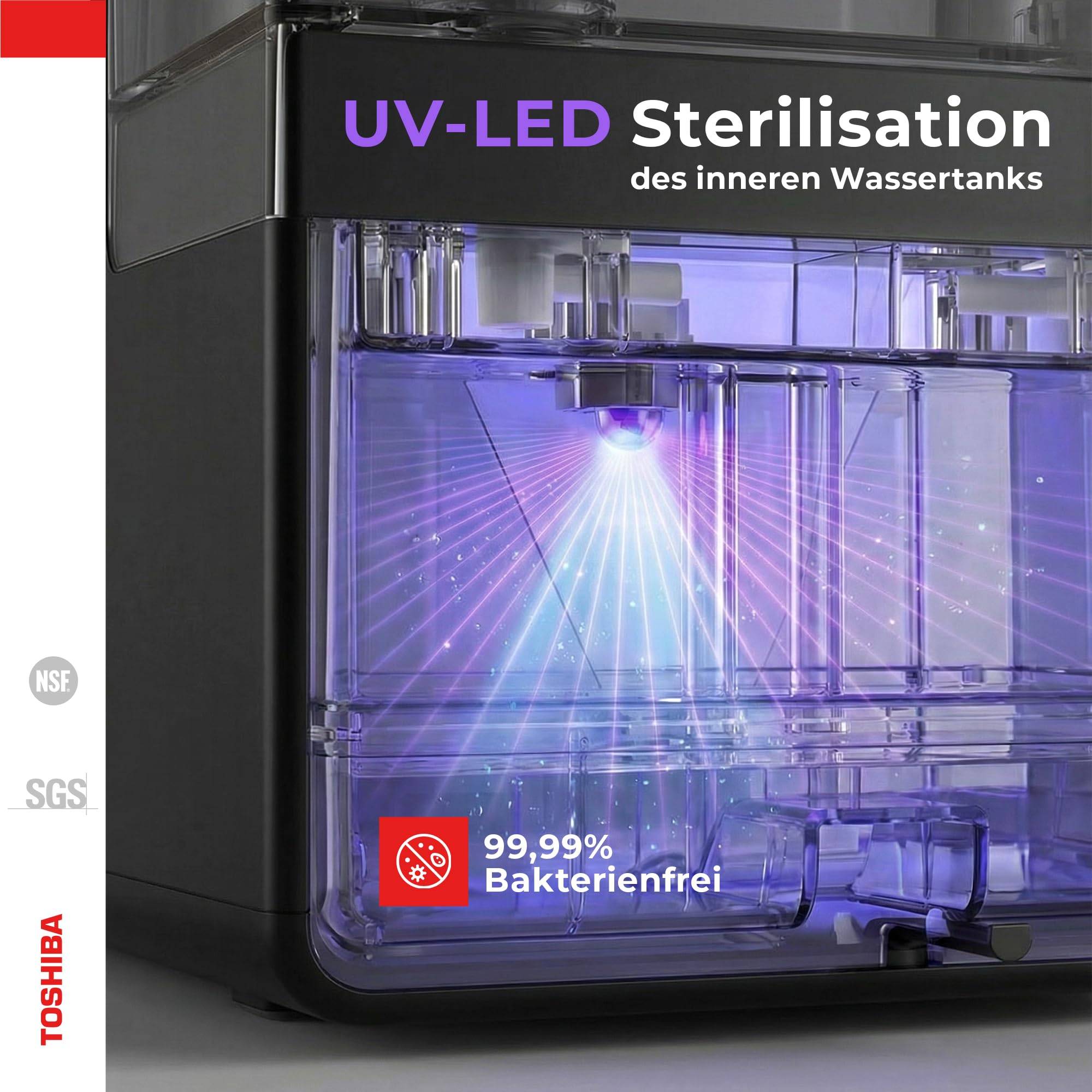 UV-LED-Sterilisation des inneren Wassertanks mit einem leuchtenden Wassertank und '99,99% bakterienfrei' Text, der eine effektive Sterilisation anzeigt.