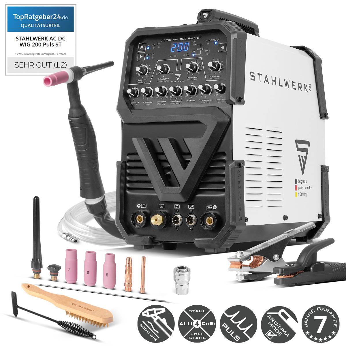 STAHWERK AC DC WIG 200 Puls ST' Schweißgerät mit Bedienfeld, Zubehör einschließlich Brenner, Kabel und Anschlüsse. Etiketten zeigen 'TopRatgeber24.de', bewertet mit 'Sehr Gut (1.2)'.