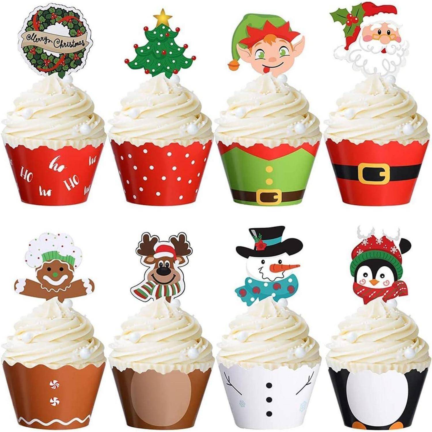 Sechs Cupcakes mit festlichen Förmchen und Auflegern, die Weihnachtsthemen darstellen: Weihnachtsmann, Elf, Weihnachtsbaum, Schneemann, Rentier und Pinguin.