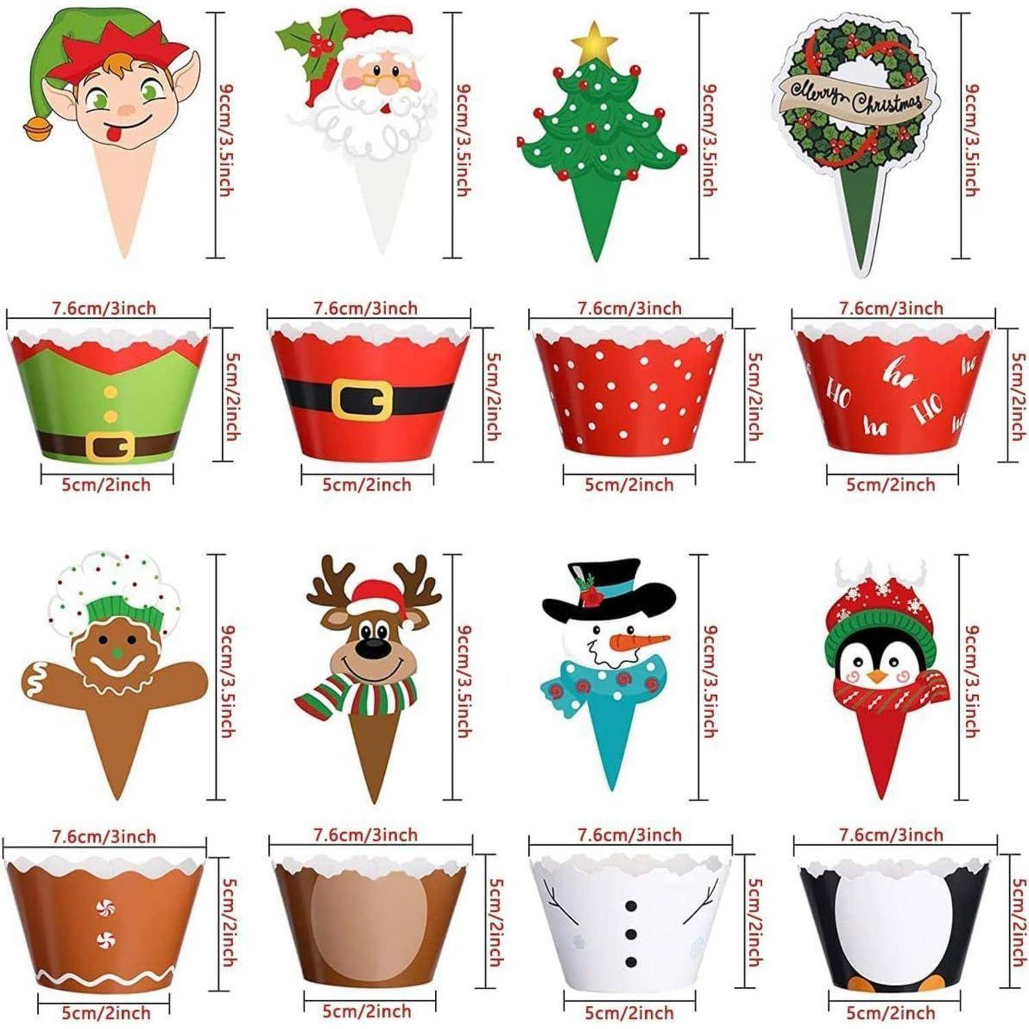 Eine Sammlung von weihnachtlich gestalteten Cupcake-Umhüllungen mit Motiven wie Weihnachtsmann, Weihnachtsbaum, Rentier, Schneemann und Pinguin.