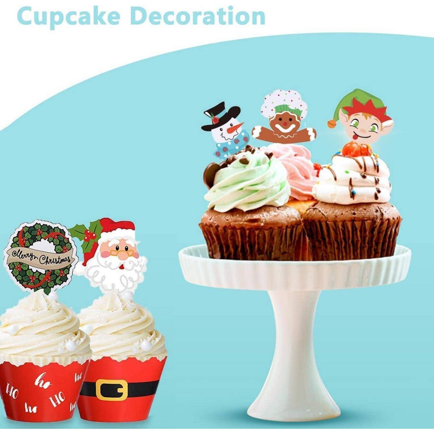 Cupcakes auf einem Ständer mit festlichen Weihnachts-Topper, darunter Weihnachtsmann, Schneemann, Lebkuchen und Elf. Text lautet 'Cupcake-Dekoration'.
