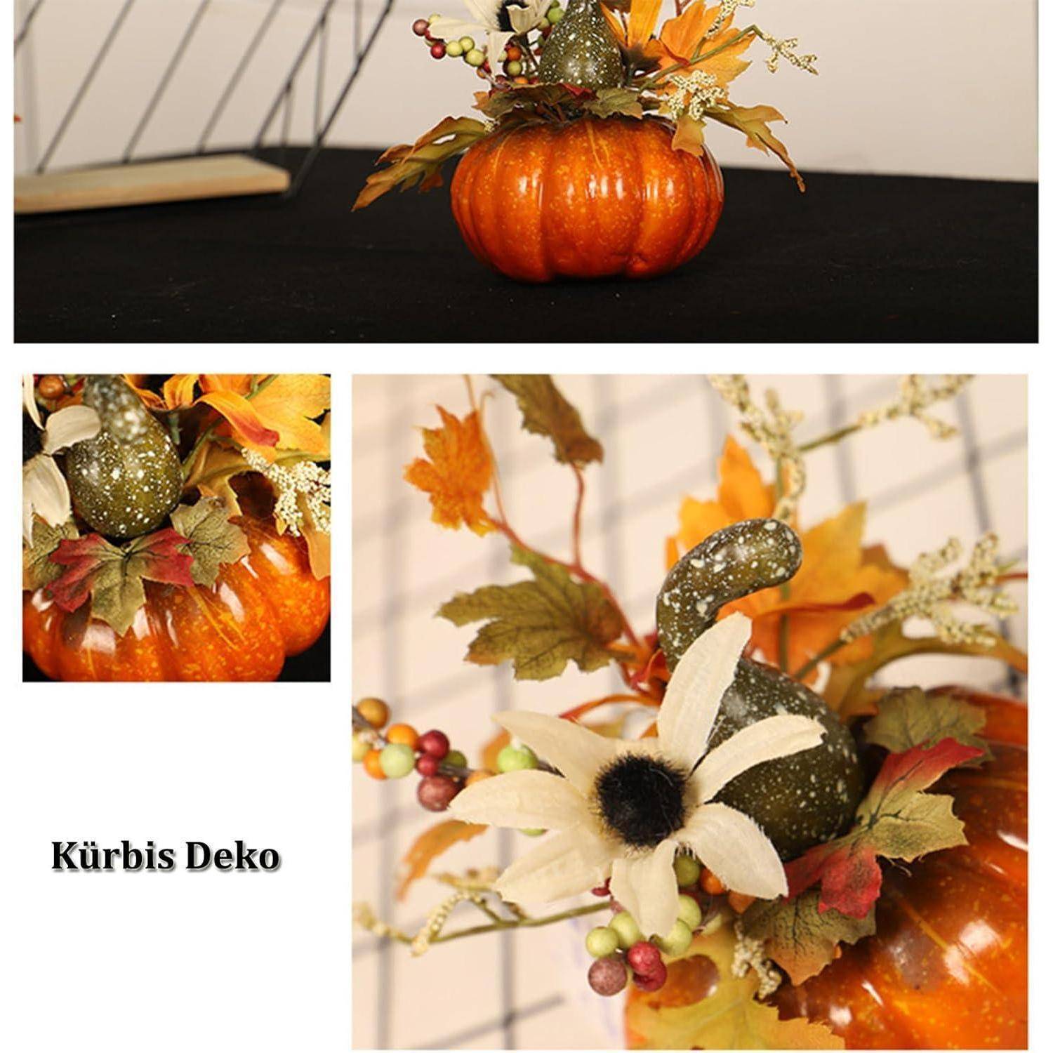 Kürbisdekoration mit Blumen und Blättern wird auf einem Tisch angeordnet; die Anordnung umfasst Herbstfarben und -texturen mit dem Text 'Kürbis Deko'.