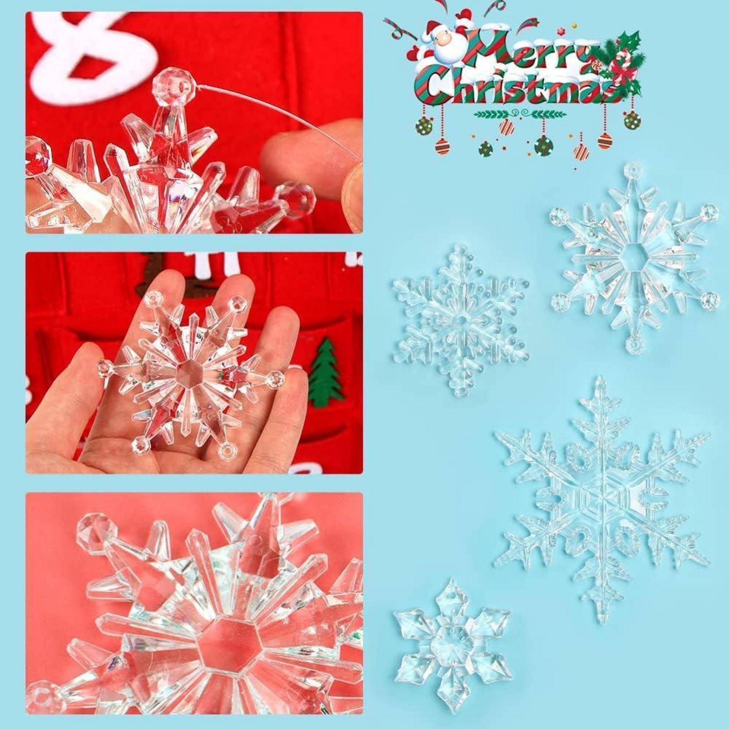 Durchsichtige Plastik-Schneeflocken werden von einer Hand vor einem roten Hintergrund gehalten und zeigen ihre komplexen Designs. Der Text ‚Frohe Weihnachten' ist mit festlichen Ornamenten dekoriert.