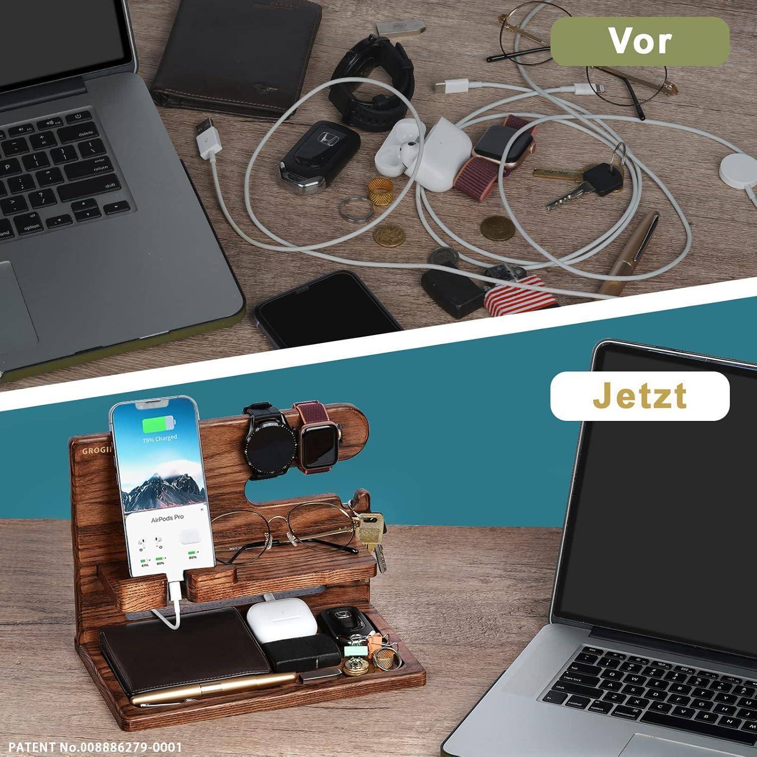 Das Bild zeigt einen Kontrast: Die obere Hälfte stellt einen unordentlichen Schreibtisch mit verstreuten Gegenständen und Kabeln dar, die mit „Vor
