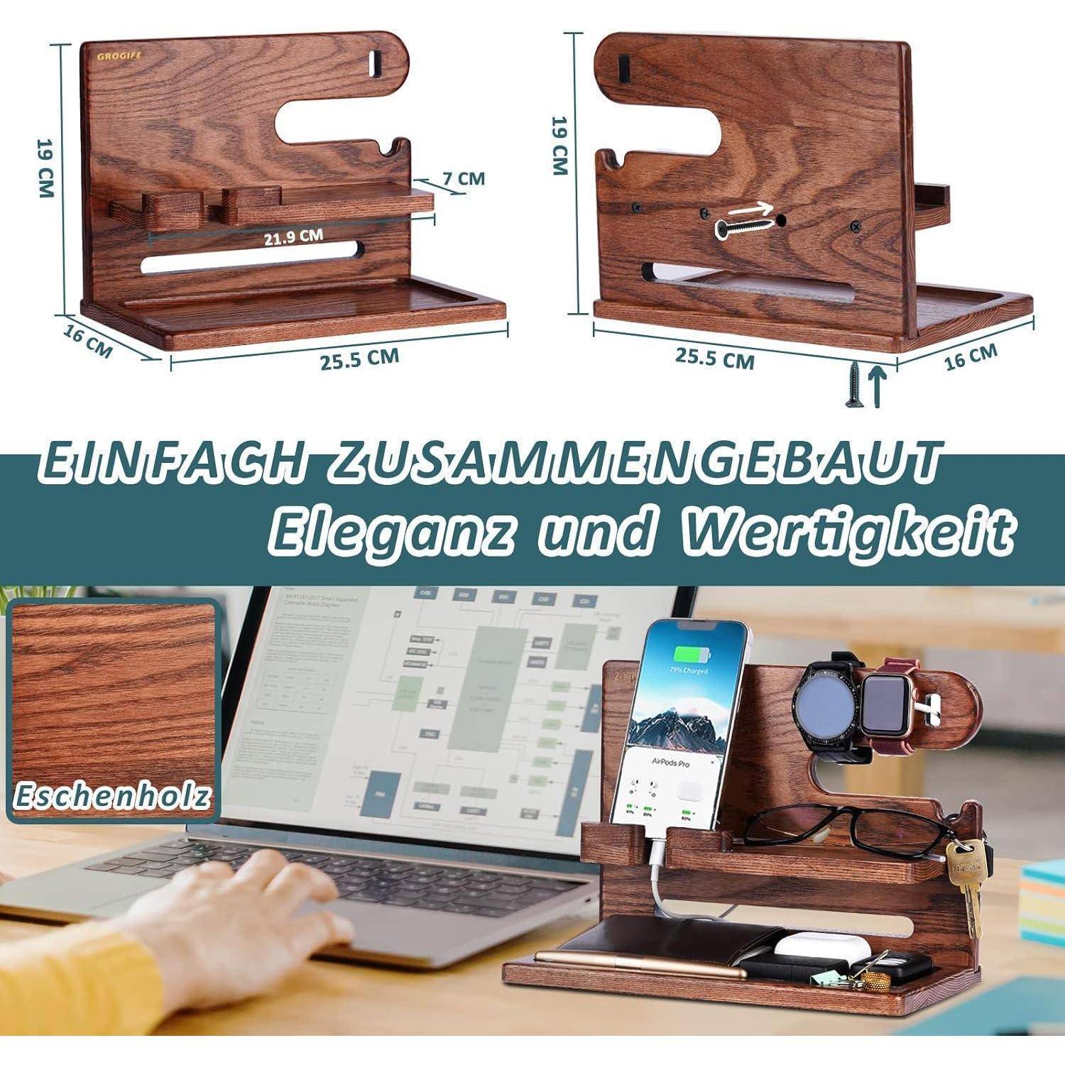 Holz-Schreibtischorganizer mit Fächern für Handy, Uhr und Brille. Oberer Text liest: 'EINFACH ZUSAMMENGEBAUT Eleganz und Wertigkeit