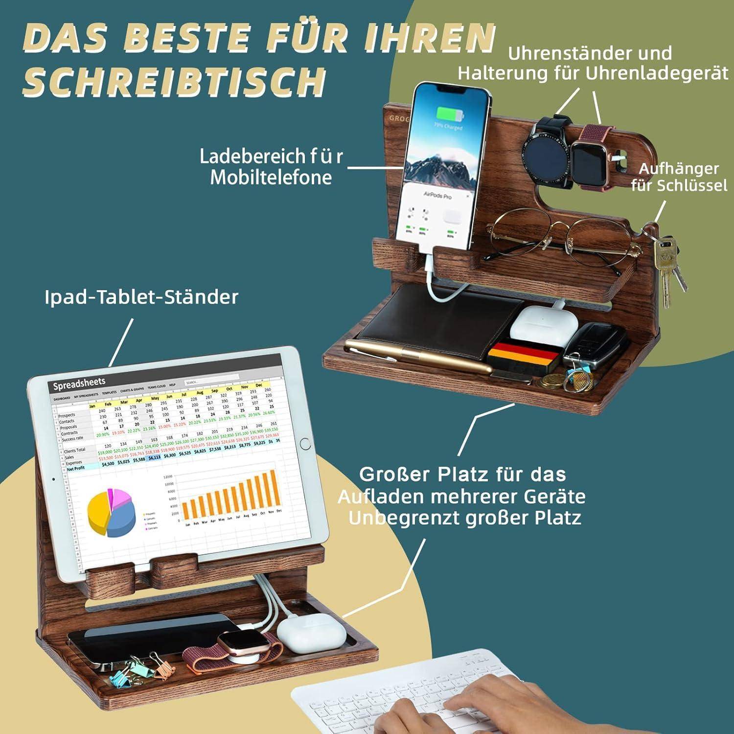 Schreibtisch-Organizer mit Handyladezone, Uhrenständer, Schlüsselhalter und Platz für mehrere Gegenstände. Enthält einen Tabletständer mit angezeigtem Tabellenkalkulationsblatt.