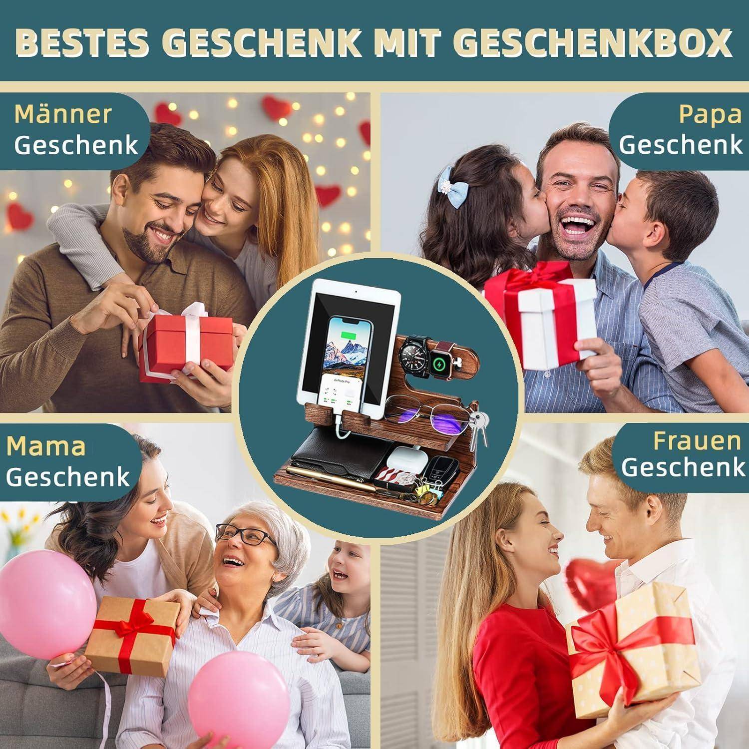 Eine Collage, die verschiedene Personen zeigt, die Geschenke mit den Aufschriften 'Männer Geschenk', 'Papa Geschenk', 'Mama Geschenk' und 'Frauen Geschenk' überreichen. Das zentrale Bild zeigt eine Geschenkbox mit persönlichen Gegenständen.