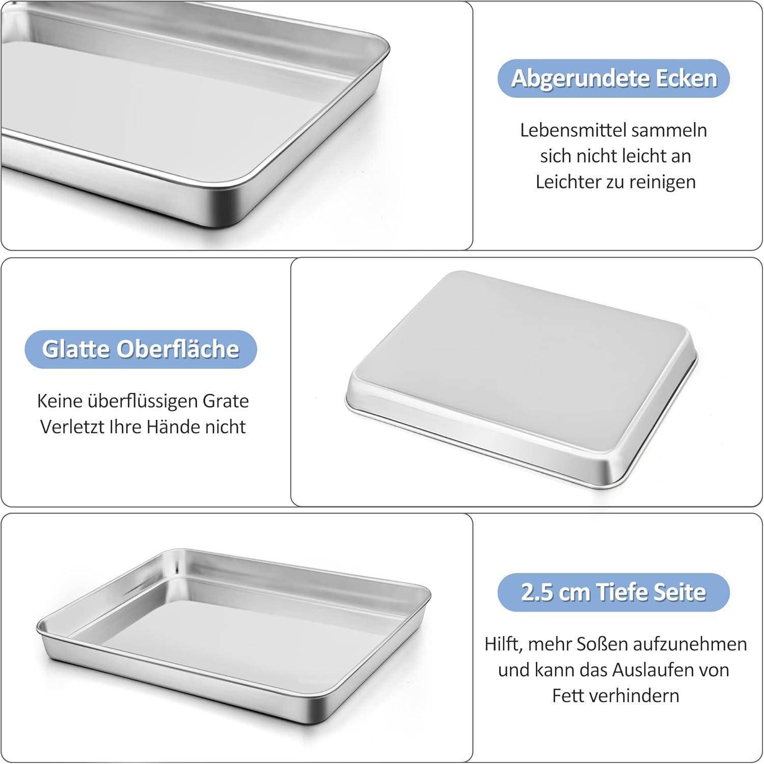 Das Bild zeigt drei beschriftete Metallschalen: eine mit der Aufschrift 'Abgerundete Ecken' zur einfachen Reinigung, eine mit 'Glatte Oberfläche' für Sicherheit und eine mit '2.5 cm Tiefe Seite', um Verschüttungen zu verhindern.