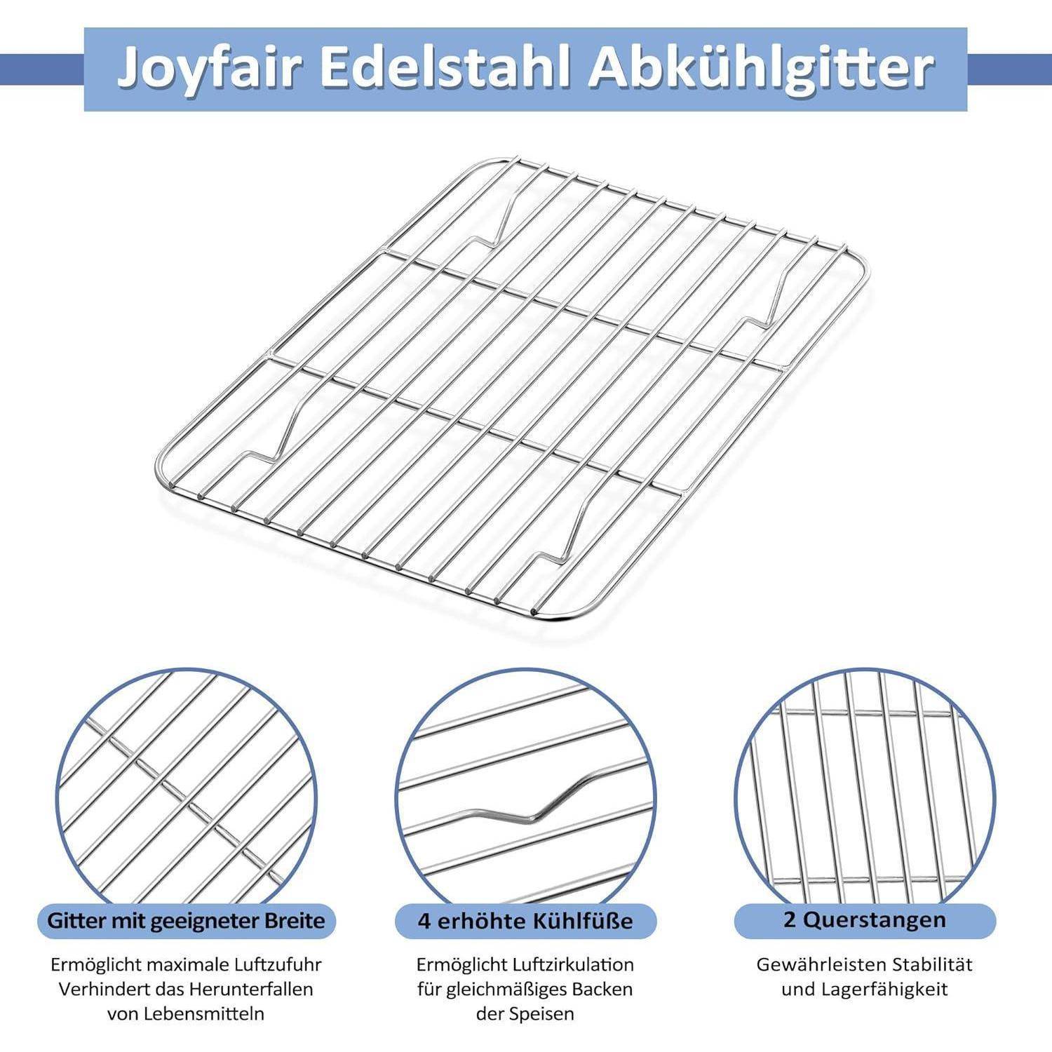 Kuchenrost mit 'Joyfair Edelstahl Abkühlgitter'-Etikett, verfügt über ein breites Gitter für optimale Luftzirkulation, 4 hohe Füße für gleichmäßiges Backen und 2 Querstreben für zusätzliche Stabilität.