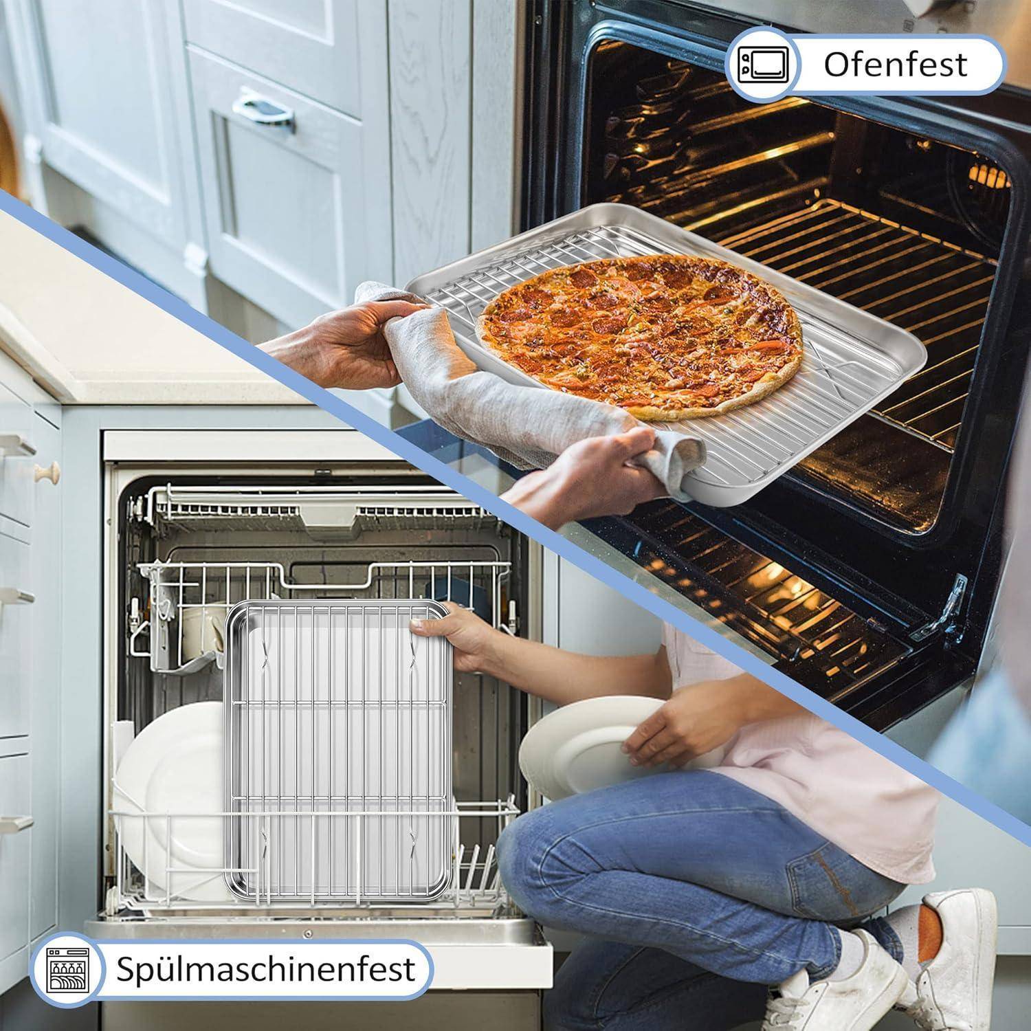 Ein geteiltes Bild, das eine Pizza zeigt, die aus einem Ofen genommen wird, und einen Geschirrspüler mit Geschirr. Die Bezeichnungen 
