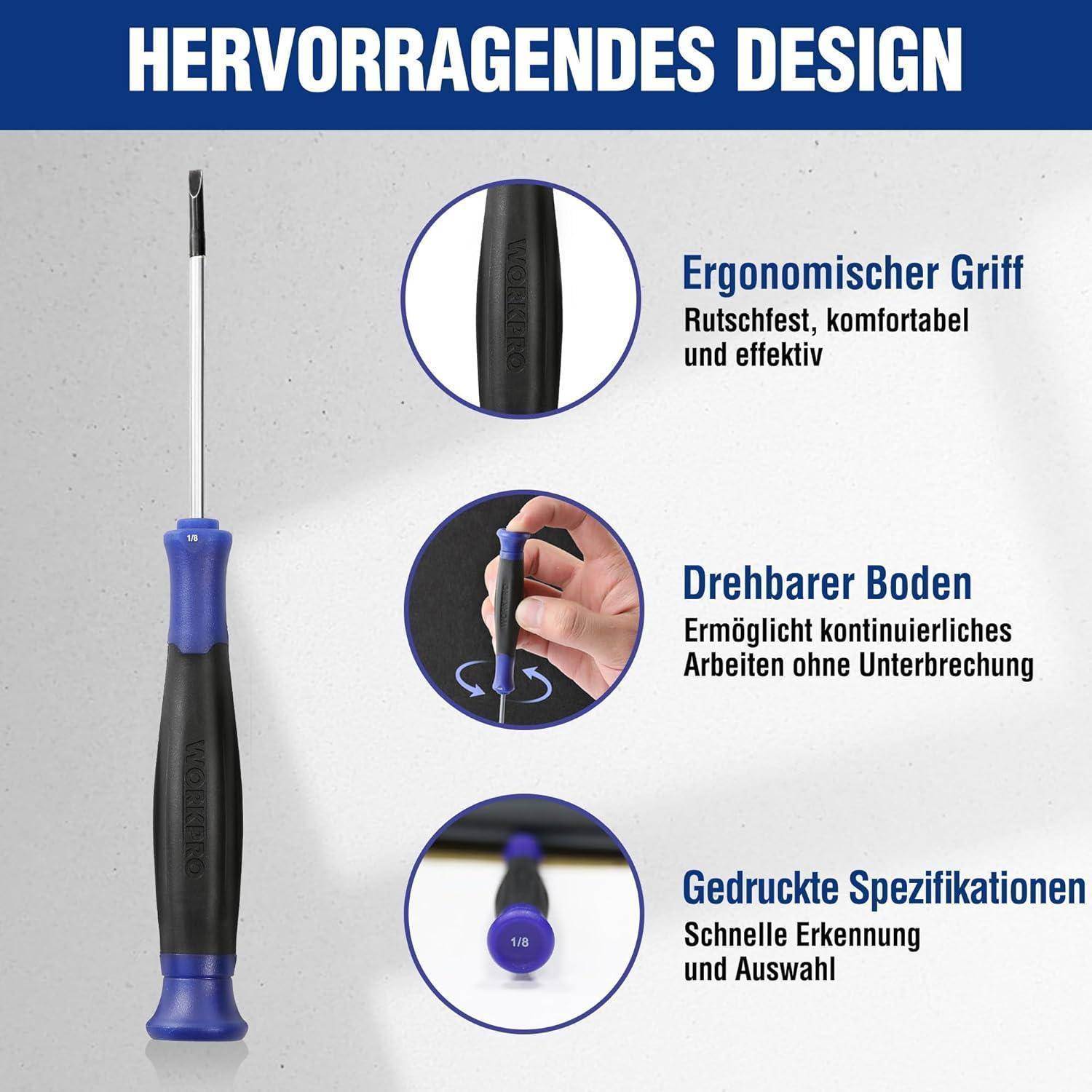 Schraubendreher mit ergonomischem Griff, Drehbasis für kontinuierliche Arbeit und präzisen Spezifikationen. Komfort, Kontrolle und Auswahl hervorgehoben.