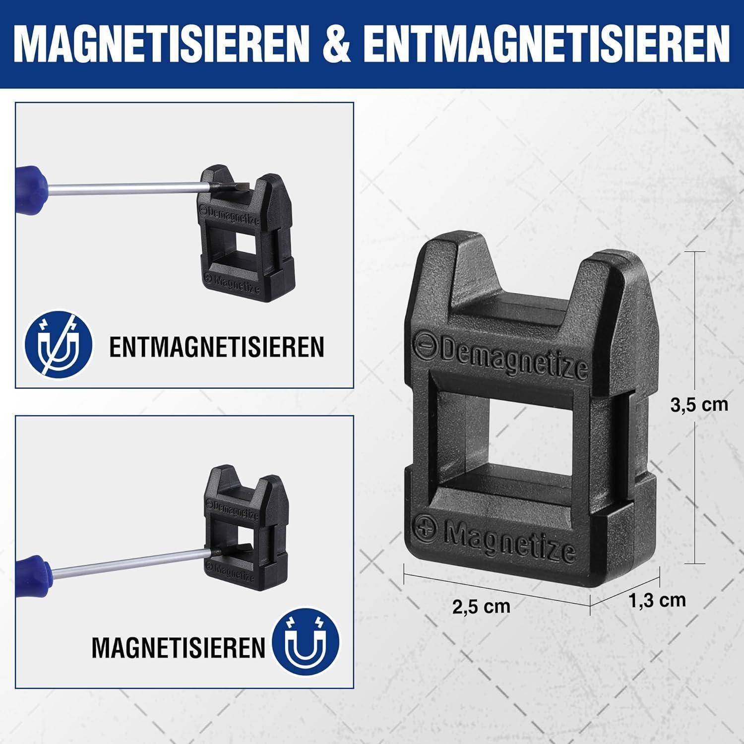 Magnetisieren & Entmagnetisieren' Werkzeuganleitungen. Schritte: Schraubendreher in das Werkzeug für 'Entmagnetisieren' an der oberen linken Seite und 'Magnetisieren' an der unteren linken Seite einführen. Werkzeugabmessungen: 3,5 cm, 2,5 cm, 1,3 cm.