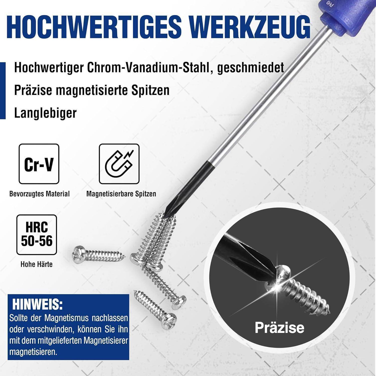 Hochwertige Werkzeuge - Präzisionsschraubendreher mit magnetisierter Spitze und Schrauben. Betont Langlebigkeit und Verwendung von Chrom-Vanadium-Stahl.