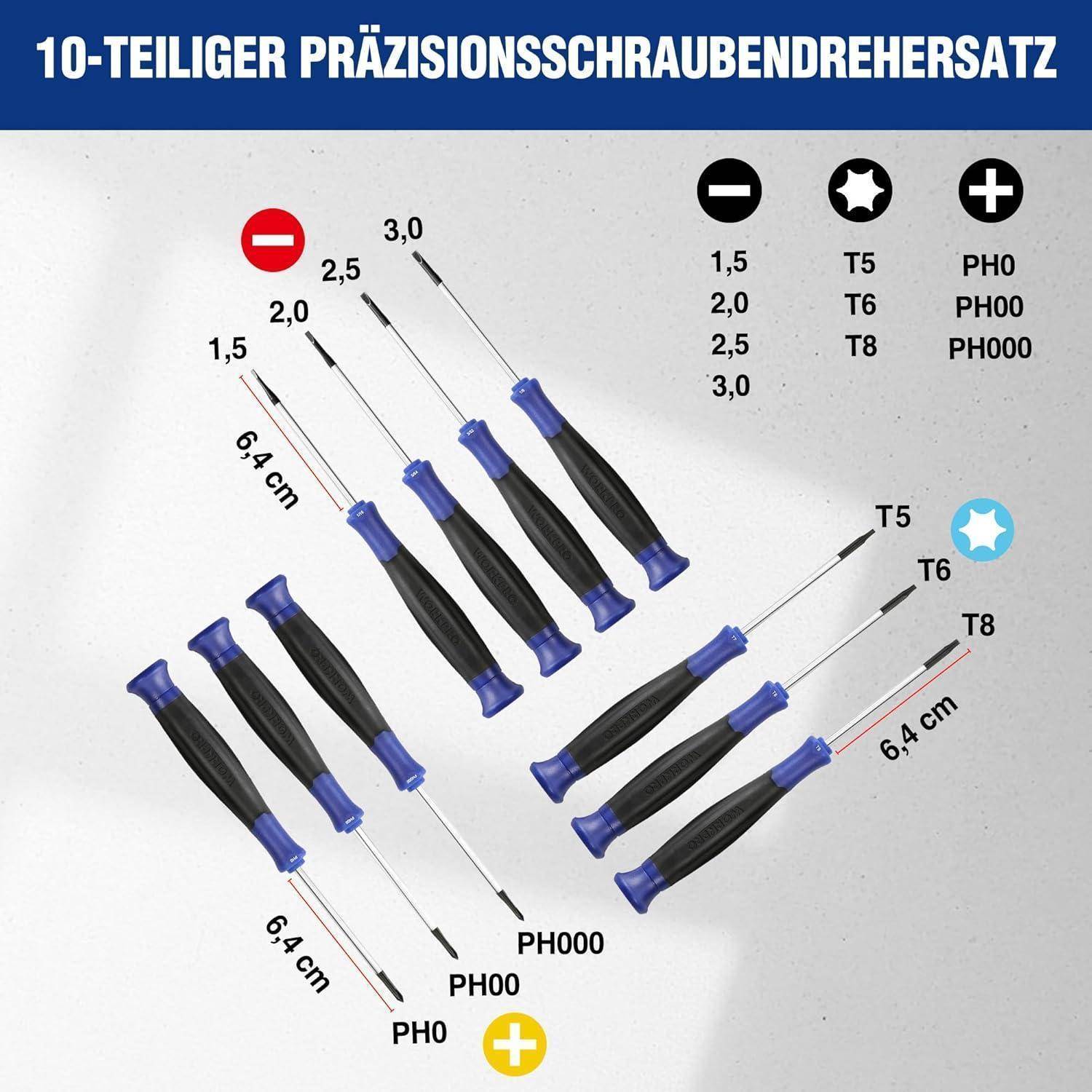 10-teiliges Präzisionsschraubendreherset zeigt einen Satz von 10 Präzisionsschraubendrehrern mit verschiedenen Größen und Typen.
