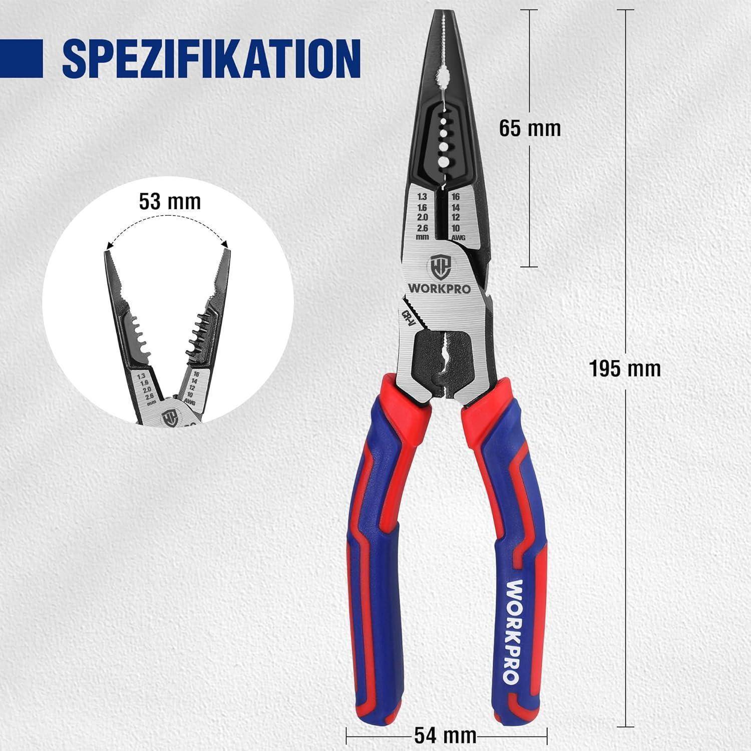 Zangen von 'WORKPRO' mit roten und blauen Griffen werden gezeigt, gekennzeichnet mit Spezifikationen: 195 mm Länge, 54 mm Breite und 65 mm Kopfgröße.