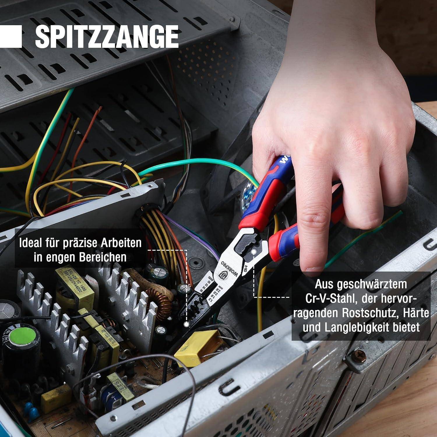 Eine Hand benutzt eine Zange innerhalb eines Computergehäuses und verbindet Kabel. Beschriftungen heben die Präzision und die materiellen Vorteile des Werkzeugs hervor.
