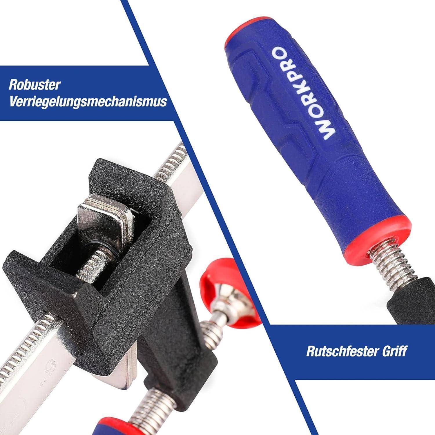 Das Bild zeigt ein blaues Werkzeug mit der Aufschrift 'WORKPRO', das einen rot-blauen Griff hat und einen sicheren Verschließmechanismus sowie einen rutschfesten Griff hervorhebt.