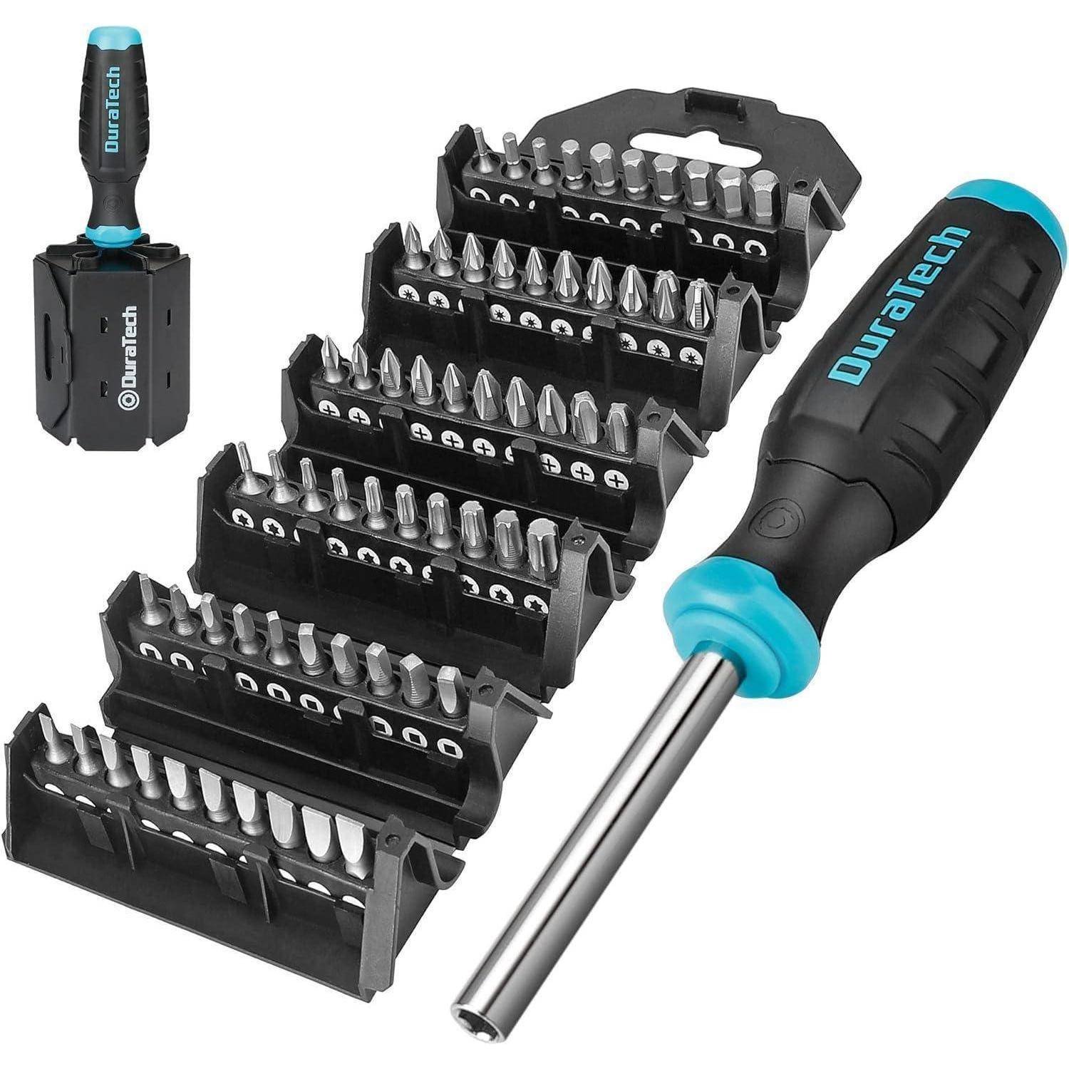 Ein Schraubendrehen-Set mit einem schwarzen und blauen Griff und verschiedenen auswechselbaren Bits. Der Markenname 'DuraTech' ist am Griff sichtbar.
