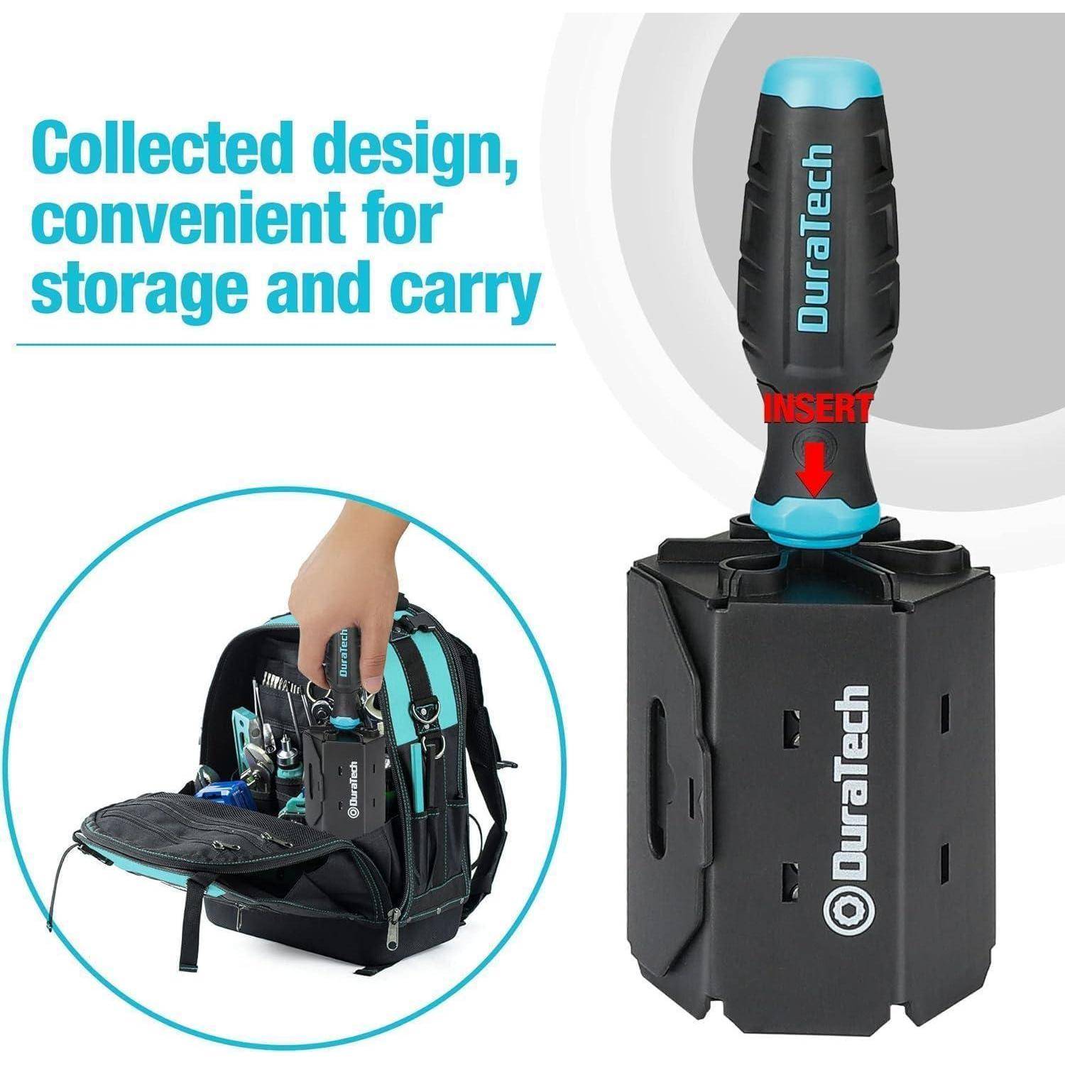 Schraubendreher-Messer-Set in kompaktem Block verstaut, bequem zum Tragen im Rucksack. Text lautet: Durchdachtes Design, praktisch zum Verstauen und Transportieren.